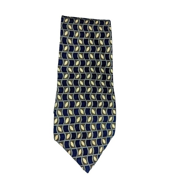 Chaps Other - Chaps Ralph Lauren Men's Silk Necktie Navy Tan Gold Wavy Design Long